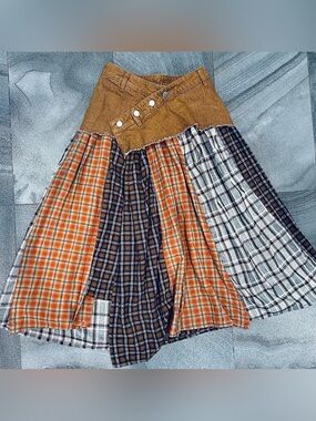 SOLD Denim and Patchwork Plaid Midi Skirt in Rust and Brown Asymmetric